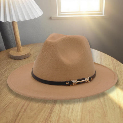 European and American Autumn and Winter Woolen Denim Jazz Felt Hat with Cow Head Label, Large Brim Fedora, Xizang Ethnic Style Outdoor Bucket Hat