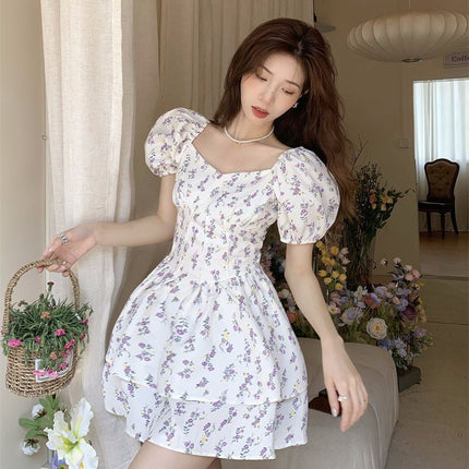 Gentle Style Square Neck Puff Sleeve Floral Dress for Women Summer 2024 New Sweet and Spicy Short Skirt Tutu Skirt