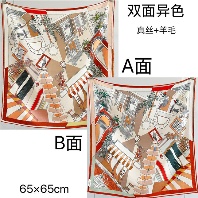 [Silk Wool 65 Square Scarf] Collection of Versatile Autumn and Winter Mulberry Silk Wool Scarves and Shawls, Double-Sided