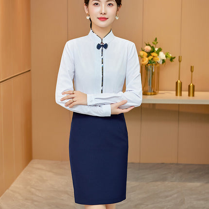 White Shirt Women's Vertical Collar Slim-fit Slimming Top with Buckle Korean Style Elegant Hotel Front Desk Attendant Professional Shirt