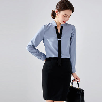 Spring and Autumn fashion long-sleeved shirt V-neck color matching shirt elegant goddess style front desk work clothes suit skirt sales women's suit