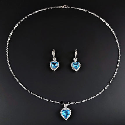 Europe and the United States cross-border foreign trade new trend blue zircon ocean heart pendant ring earrings suit female j7531
