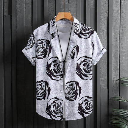 Foreign Trade Men's Men's Short-sleeved Shirt Men's Rose Printed Fashion Casual Summer 2025 New Cross-border Special