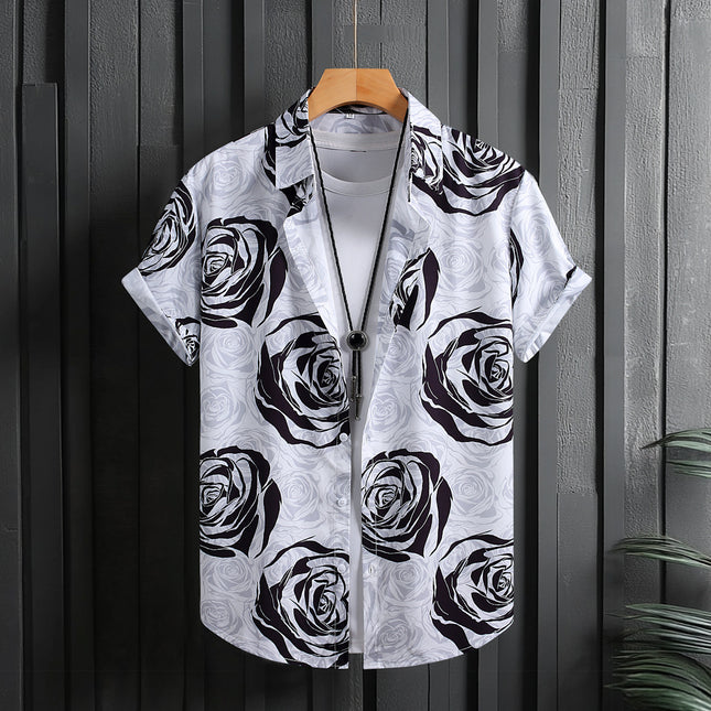 Foreign Trade Men's Men's Short-sleeved Shirt Men's Rose Printed Fashion Casual Summer 2025 New Cross-border Special