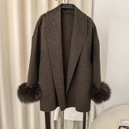 Explosive in stock Autumn and Winter Women's High-end Double-sided Wool Coat Women's Mid-length Removable Real Fox Hair Cuff