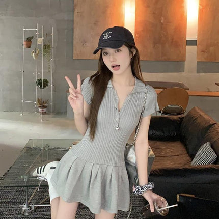 Grey Polo Neck Short-sleeved dress Women's Summer Slim-fit Tight Waisted Short Skirt Small Hot Girl Slim A- line Skirt