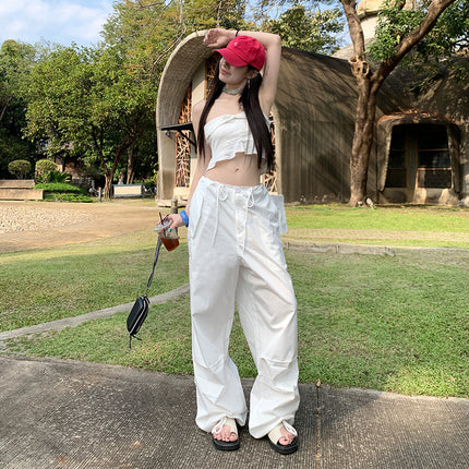 White High-Waist Loose Drawstring Wide-Leg Overalls Women's Spring and Summer New Loose Slimming All-Match Hanging Casual Pants for Women