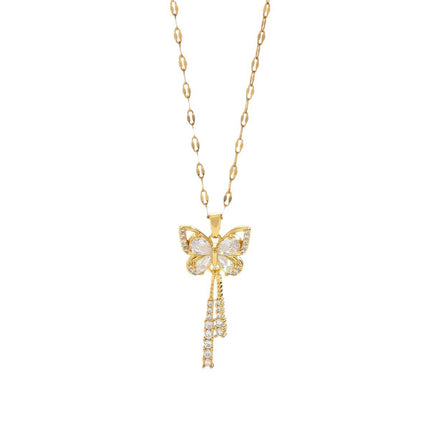 [Titanium Steel] Tassel Butterfly Light Luxury Fashion Simple Hollow Exquisite Necklace Women's All-match Collarbone Chain Pendant