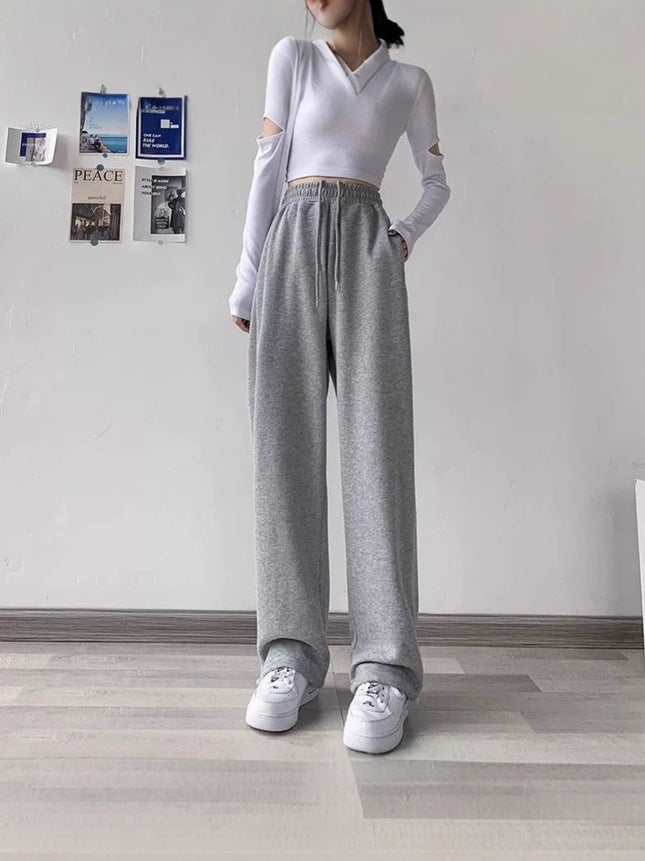 Drawstring Convertible Sweatpants for Women, Spring and Autumn 2025 New Style, Loose Casual American Style, White and Gray, Petite Straight-Leg Sweatpants