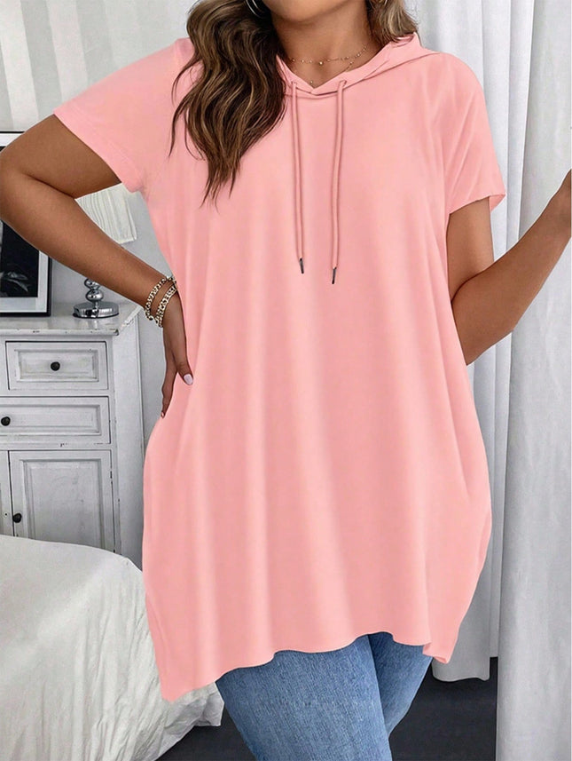 European and American Large Size Cross-Border New Hooded Short-Sleeved T-Shirt Women's Drawstring Hoodie Pure Color Casual Loose Top Sweatshirt