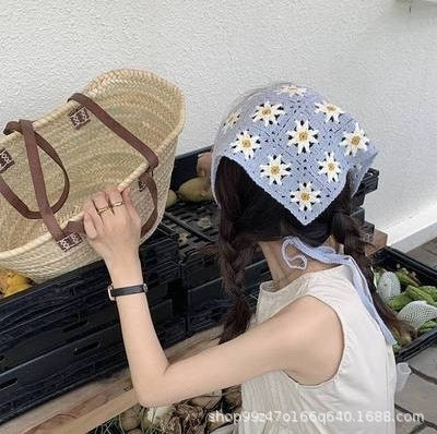 Hot Girl Internet Celebrant Photo Flower French Style Triangle Scarf Headscarf Women's Cute Knitted Hair Band Silk Scarf High-grade Headwear Summer