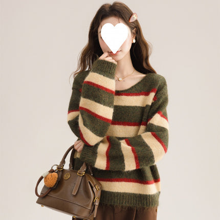 Retro Green Striped Design Thick Sweater Simple Women's Winter Lazy Loose Stylish Top