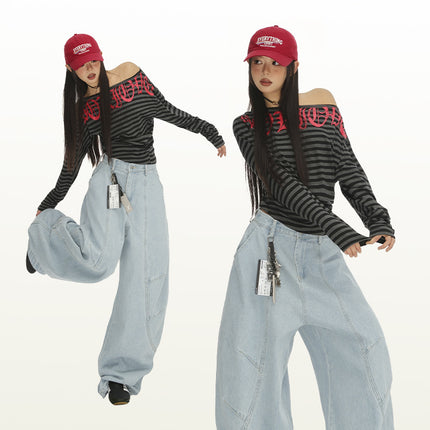 Raccoon House # American Retro Silhouette Washed Scimitar Jeans Unisex High-Waisted Loose Deconstructed Design Floor-Length Pants for Women