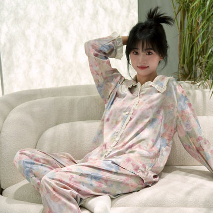 New spring ice silk pajamas women's sweet [Secret Garden] long-sleeved trousers suit homewear can be worn outside