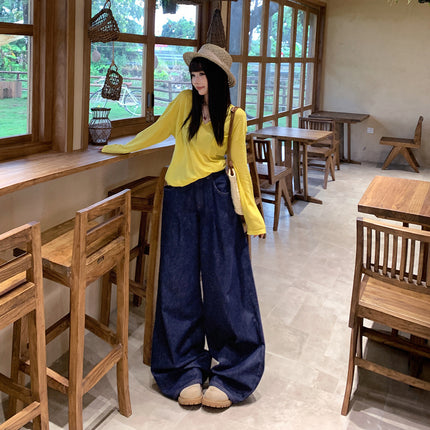 American-Style Dark Blue Drapey Wide-Leg Jeans for Women, 2025 Autumn and Winter New Straight Loose High-Waisted Slimming Floor-Length Pants