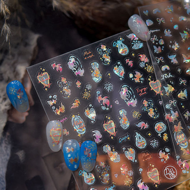 Goldfish Spark Nail Art Stickers Embossed New 3D Three-Dimensional 5D Internet Celebrity Ins National Style Koi Nail Stickers Decoration
