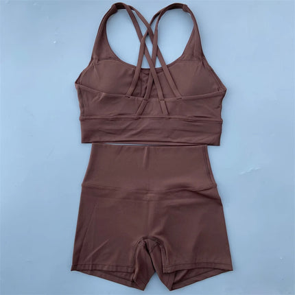 Women's Soft Nude Tight Yoga Shorts with Cut Out Back and Beautiful Back Cross Intimates Gym Yoga Set