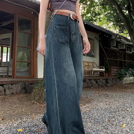 Pear-Shaped Figure Wide-Leg Jeans for Women, Autumn Plus-Size Retro High-Waisted Loose Slimming Straight Pants