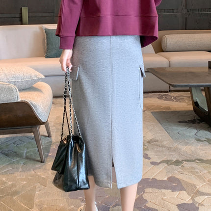 Spring and Autumn New Stylish Gray Workwear-Style Versatile Straight Skirt Casual Slit Slimming Bodycon