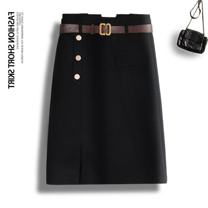 Woolen Skirt Women's Mid-Length 2024 Autumn and Winter High-Waisted Brown Petite Slit A-Line Hip Skirt Winter Skirt