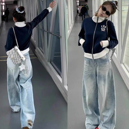 American Retro Distressed Washed Ripped Jeans for Women Summer New High-Waisted Slim Straight Wide-Leg Floor-Length Pants