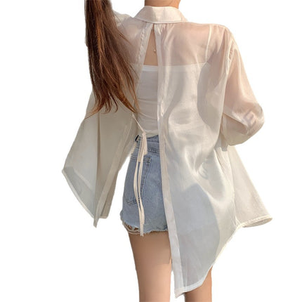 Ice Silk Cardigan for Small People, Loose and Lightweight Long-Sleeved Sun Protection Shirt for Women, Summer Design Back Slit Shirt