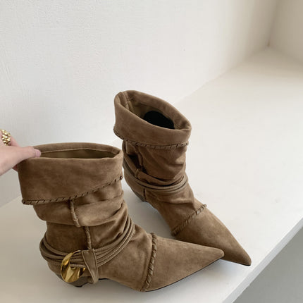 Sheepskin Version ~ Retro Suede Pointed Toe Thick Heel Short Boots 2025 New Strappy Slim Boots Versatile Western Cowboy Boots