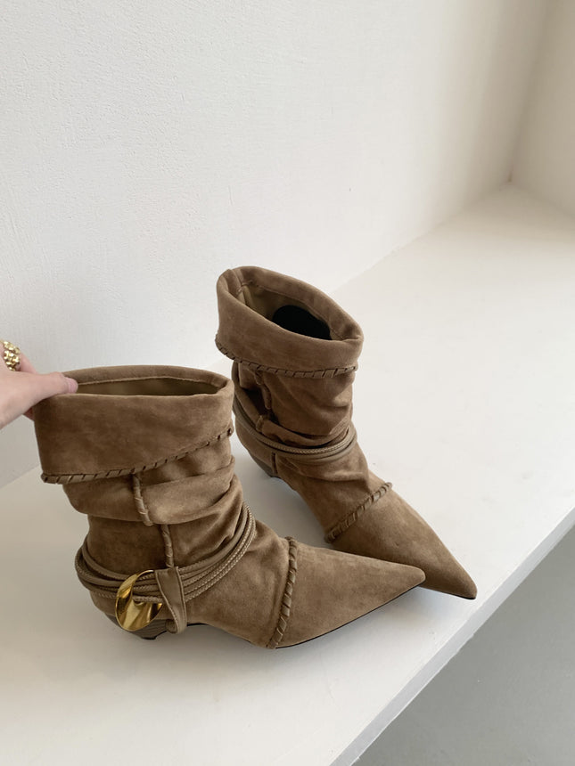 Sheepskin Version ~ Retro Suede Pointed Toe Thick Heel Short Boots 2025 New Strappy Slim Boots Versatile Western Cowboy Boots