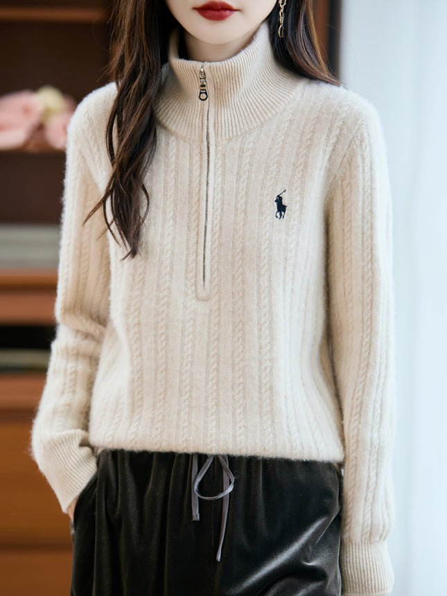 Autumn and Winter New Women's 100% Pure Wool Sweater Thickened Half-Zip Collar Cable Embroidered Horse Knit Sweater Base Layer