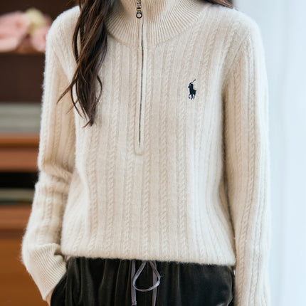 Autumn and Winter New Women's 100% Pure Wool Sweater Thickened Half-Zip Collar Cable Embroidered Horse Knit Sweater Base Layer