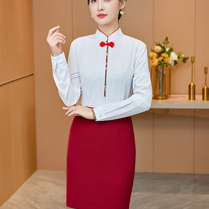 White Shirt Women's Vertical Collar Slim-fit Slimming Top with Buckle Korean Style Elegant Hotel Front Desk Attendant Professional Shirt