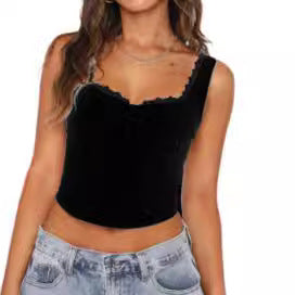 Suspender Lace Square Collar Button Vest for Women European and American Niche Design Casual Versatile Solid Color Top