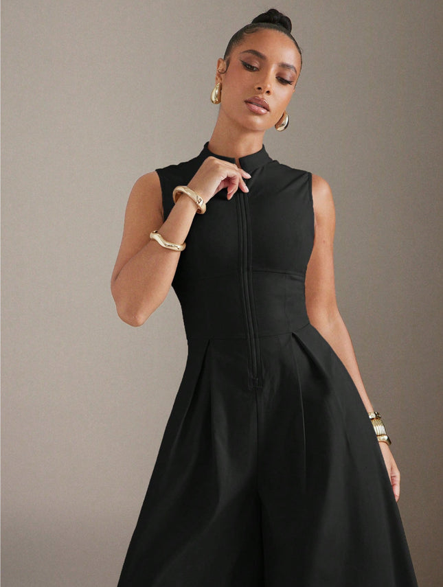 Ins Popular 2025 European and American Cross-Border High-Waisted Women's Solid Color Sleeveless Zipper Dress Fashionable Slim-Fit Commuter Pants
