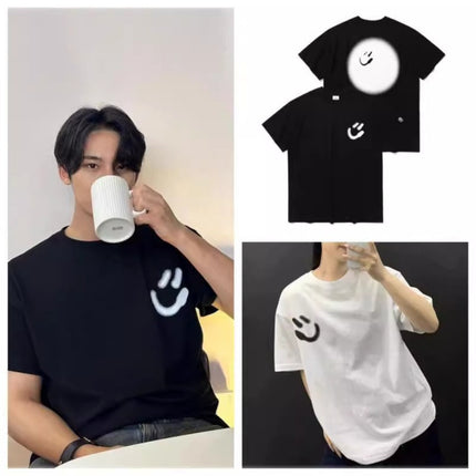 in stock New Cotton Behind Smiley Distinctive Korean Style Retro Printed White Round Neck Loose Short-sleeved T-shirt for Lovers