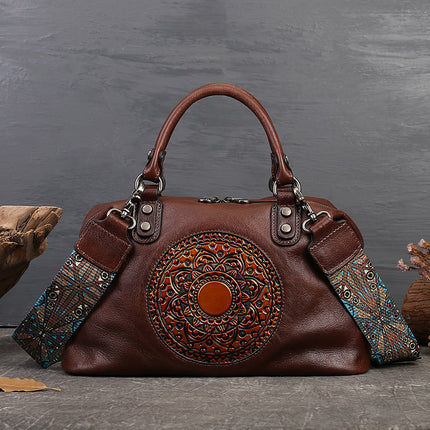 Embossed Totem Tote Bag in Vegetable-Tanned Leather for Women, Commuter Handbag, Large Capacity Shoulder Crossbody Dumpling Bag