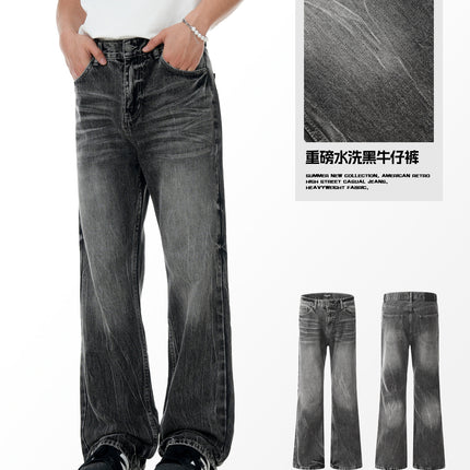 11Kn American Black Bootcut Jeans Lightning Cracked Washed Retro Distressed Loose Slim Casual Pants