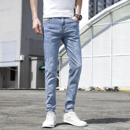 2025 Summer Light Blue Ripped Jeans Men's Slim Fit Korean Style Versatile Scratched Stretch Long Pants