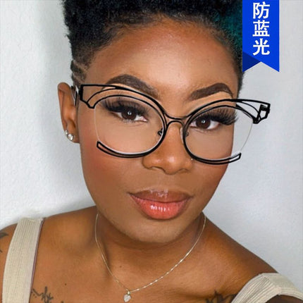 Folding Curved Leg Cat Eye Large Frame Hollow Flat Mirror 2023 New Metal Glasses Frame Ins Concave Shape Anti-Blue Light