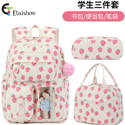 High School Ins Campus Large Capacity Three-Piece Corduroy Printed Backpack New Style Casual All-Match Backpack