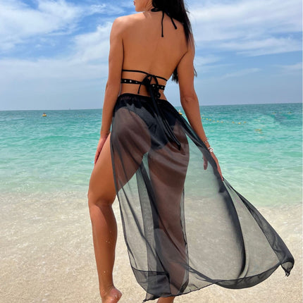 2025 European and American New Plain Long Skirt with Black Eye Straps Three-Piece Swimsuit Swimsuit Bikini Bikini