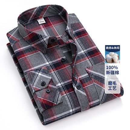 2025 Autumn New Men's Casual Fashion Brushed Plaid Long Sleeve Ready Stock No-Iron Casual Middle-Aged Tops Men's Clothing