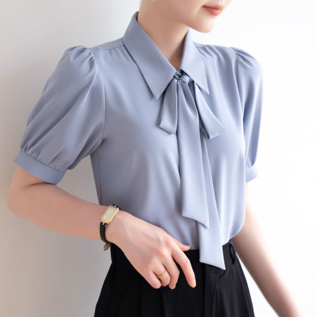 Commuter White Shirt Women's Bow Ribbon Chiffon Summer New Puff Sleeve Professional Interview Dress Short Sleeve Shirt