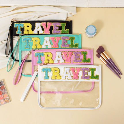 Cross-border Exclusive Explosive Towel Embroidered Letter Transparent PVC Cosmetic Bag PU Portable Storage Bag Sniffer Bag Envelope Bag