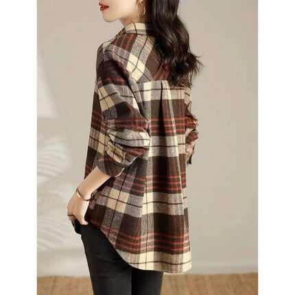 2025 Autumn New Loose Plus Size Women's Clothing Artistic Retro Brushed Wool Plaid Casual Loose Mid-Length Shirt