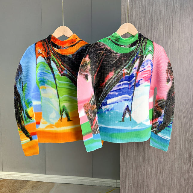 Miyake Style Design Niche Watercolor Print Two-Piece Set European Fashionable Elegant Top Pleated Skirt Two-Piece Set
