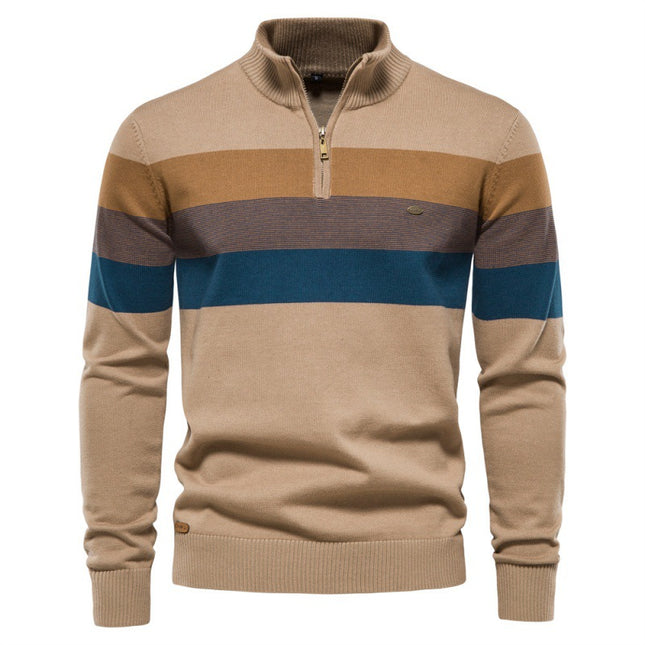 Fashionable Cross-Border Autumn and Winter Men's Half-Zip Sweater, Striped Patchwork Knitwear in Khaki Green