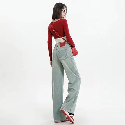 Wide Leg Jeans Women's Spring 2025 Explosions Hot Girl Narrow Edition High Waist Embroidered Straight Tube Loose Mop Pants Trendy