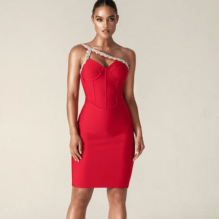 Sexy pure want birthday Dress design diamond Bandage Dress one shoulder Dress women's Bandage Dress