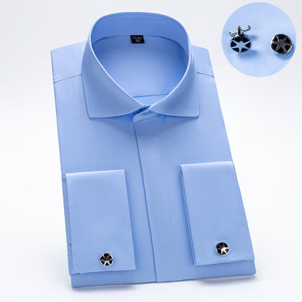 Men's French Cufflinks Shirt Men's Long-sleeved Windsor Collar Buckle Bamboo Fiber Double Stacked Sleeve Business Dress White Shirt