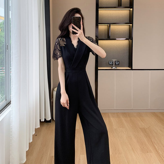 Cross-border High Leng Yujie Style Pants Women's Summer Short-sleeved High Waist Lace Stitching Hollow-out Pants Straight Pants